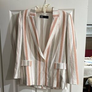 Zara Women's Blazer - Cream, Tan, Gray Stripes